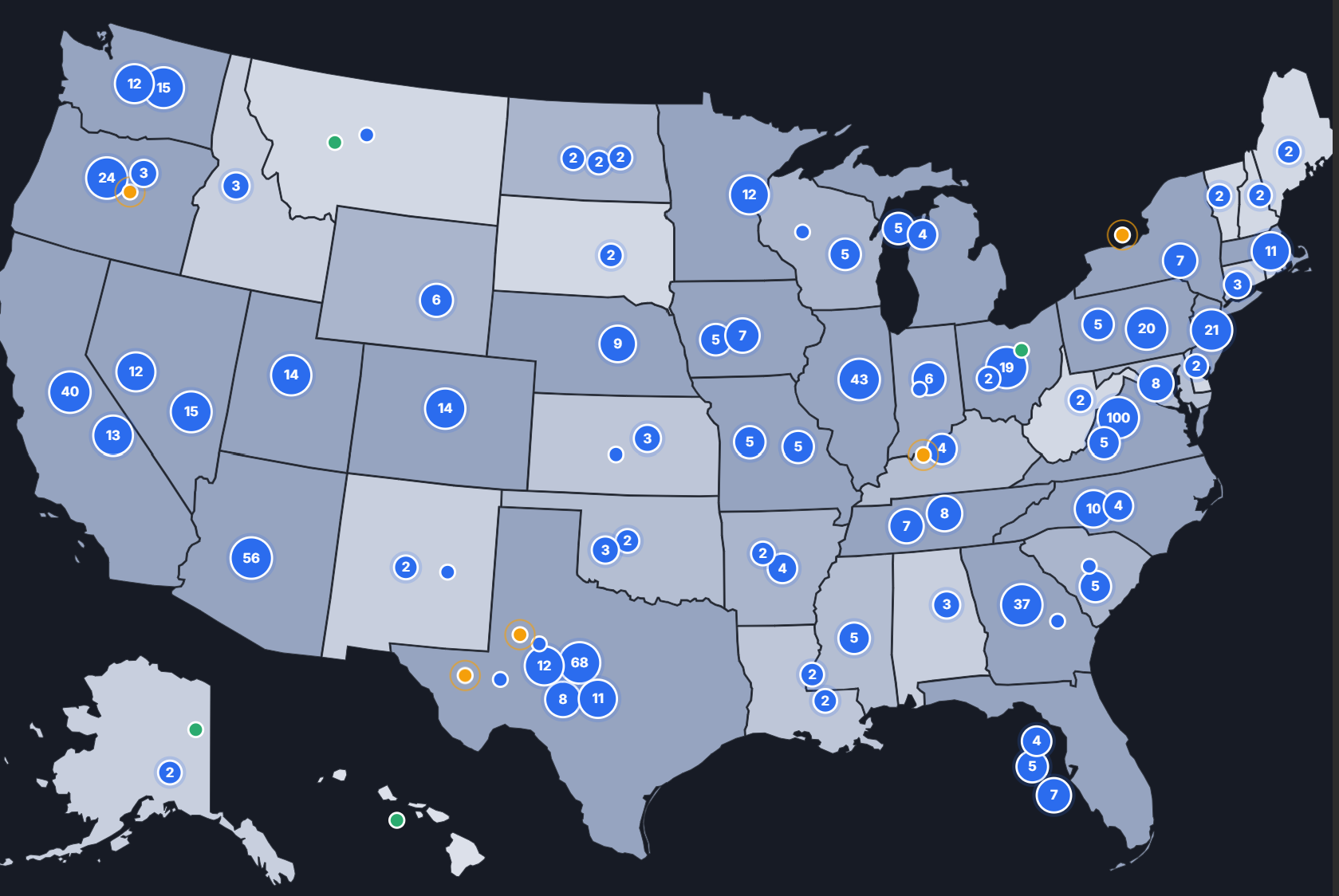 Map of data center locations across the United States